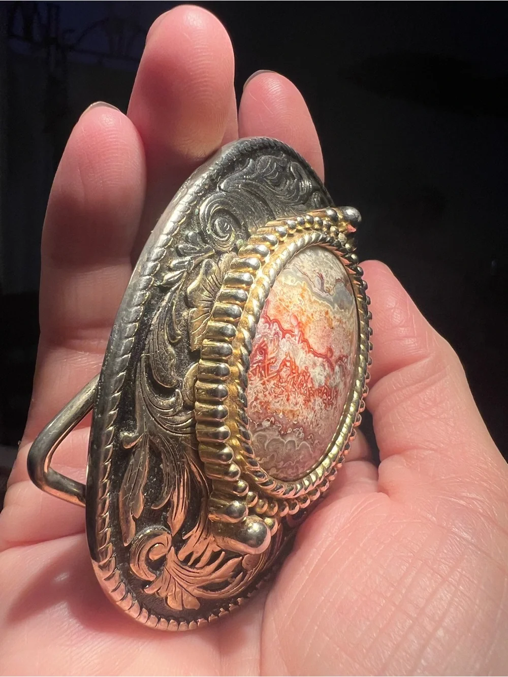 Handcrafted Silver-Tone Agate Statement Buckle — Earthtones